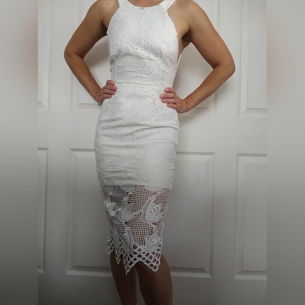Pasduchas White Lace Overlay Cocktail Midi Dress 8